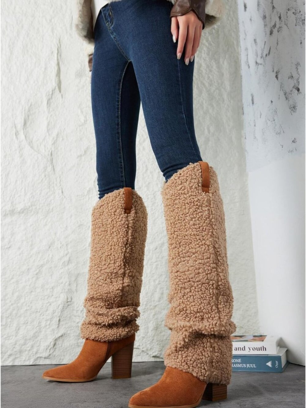 Women's US 9 Brown Sherpa Fold Over Boots Knee High Cowboy Boots Chunky High Hee - Picture 3 of 5